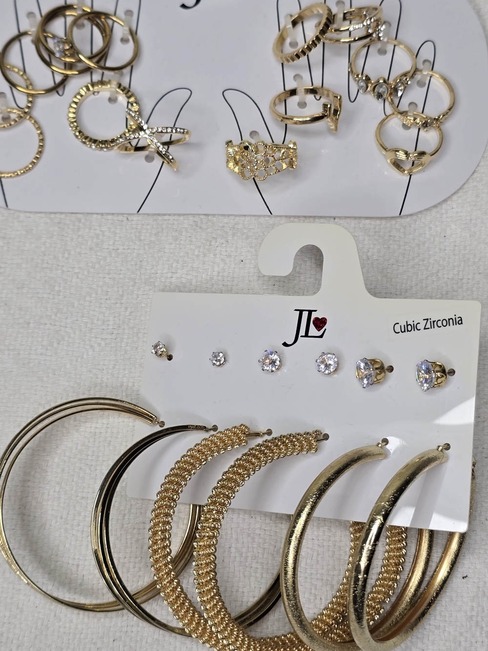 JL Gold Tone Cubic Zirconia Ring & Earring Jewelry Lot New on Cards
